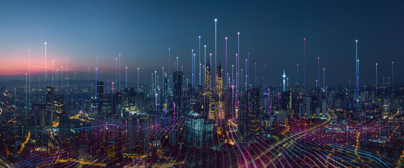 big data connection technology superimposed over a city landscape